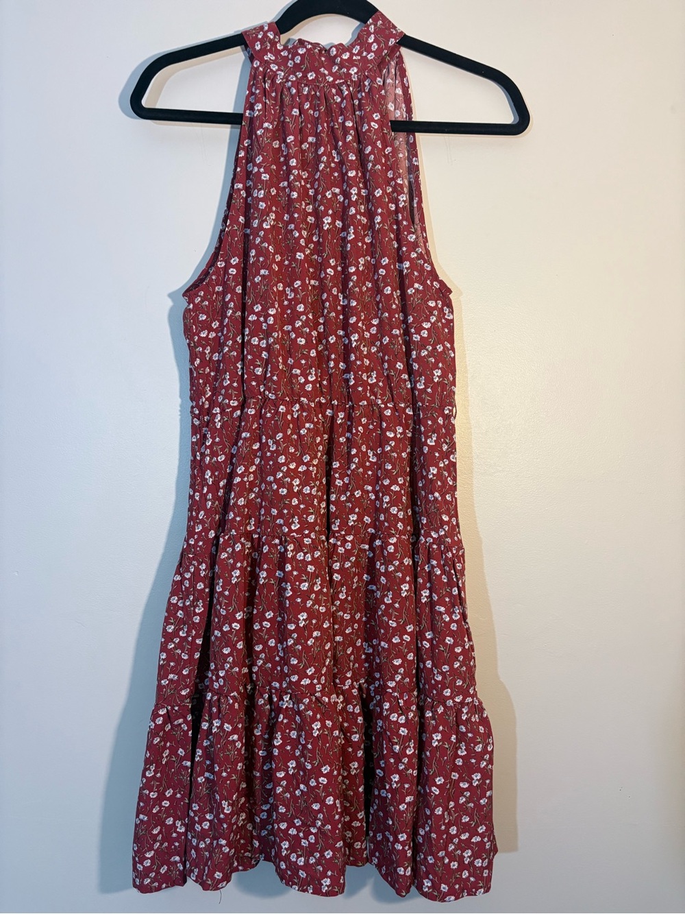 SHEIN Rust Red Floral Halter Tiered Mini Dress
